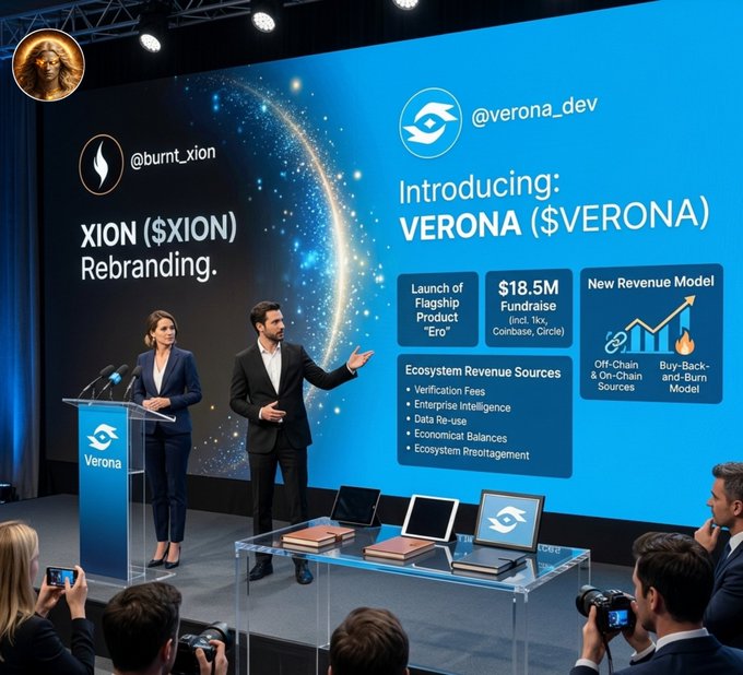 The image shows two people standing at a podium with microphones, giving a presentation or speech. The backdrop features a large blue banner that says "XION (SVERONA) Rebranding", indicating that Verona Dev has recently rebranded itself as Xion. The text on the banner also mentions an ecosystem revenue model and a new revenue model for Verona. There are other people in the background, possibly attending the presentation or listening to the speech.