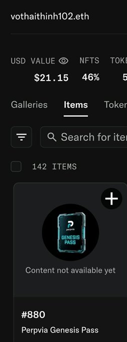 A mobile screenshot of a crypto wallet profile for 'vothaithinh102.eth' showing a USD value of $21.15 and 46% NFTs, displaying an item labeled '#880 Perpvia Genesis Pass' with 'Content not available yet'.