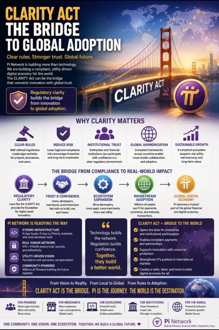 A promotional infographic titled "CLARITY ACT: THE BRIDGE TO GLOBAL ADOPTION" featuring the Golden Gate Bridge in the background, outlining Pi Network's vision for global digital economy adoption through regulatory clarity, with sections explaining why clarity matters and pathways from compliance to global impact, concluding with the message "Technology builds the network. Regulations build confidence. Together, they build a better world."