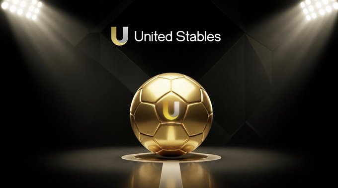 A golden soccer ball with the letter "U" emblem under stadium spotlights, with the "United Stables" logo displayed above it.
