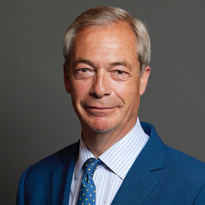 A formal portrait of Nigel Farage, leader of Reform UK, smiling in a blue suit with a striped blue and yellow tie, accompanying a report about his alleged failure to declare funding from a convicted fraudster linked to a crypto betting platform.