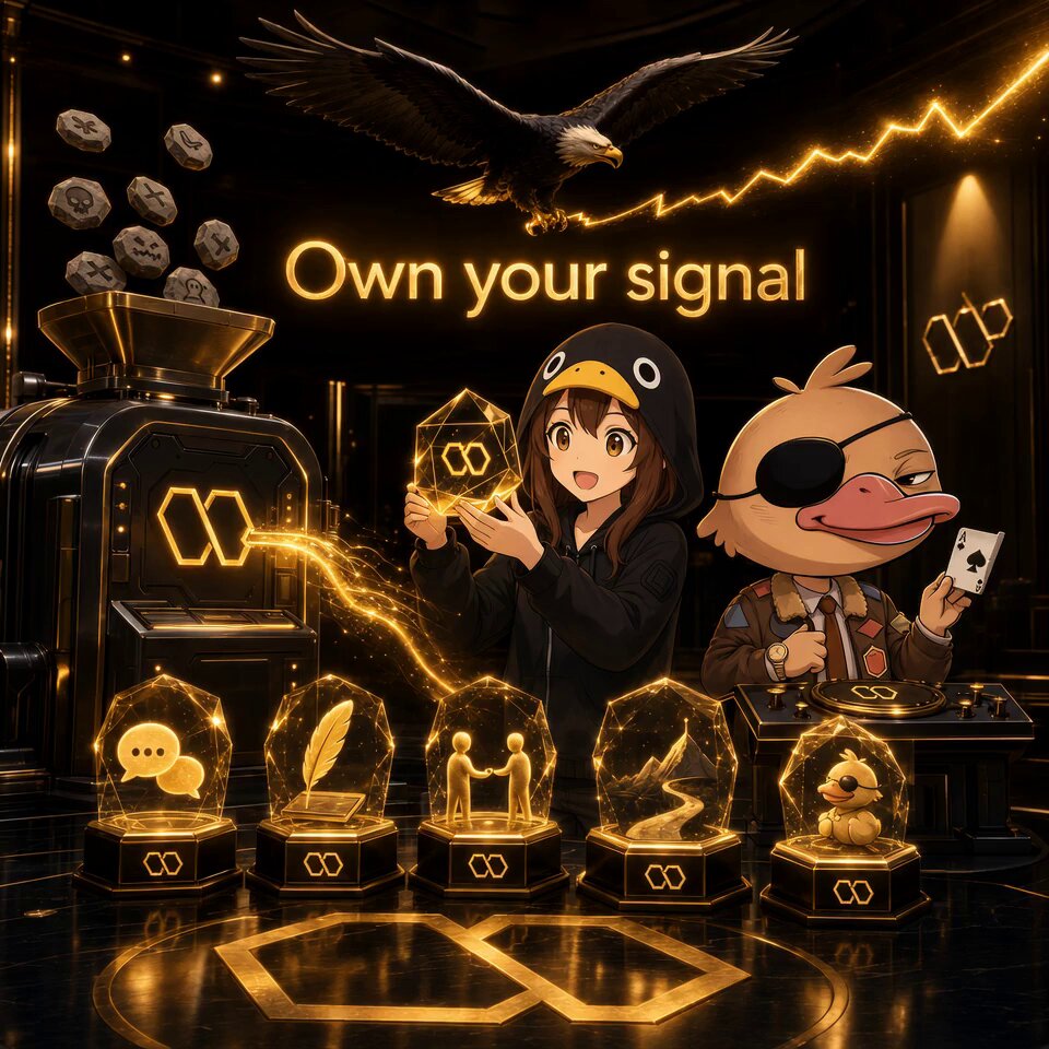 The image features a girl dressed as a penguin holding up a sign that reads "OWN YOUR SIGNAL" while standing next to a group of people, including an eagle. The background includes a black and gold theme with various objects such as a coffee machine, a clock, and a birdhouse. The post also mentions the importance of signal ownership in the context of cryptocurrency trading.