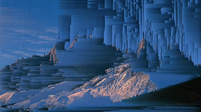 A snowy mountain peak partially obscured by a blue-toned visual glitch or digital distortion effect across the sky.