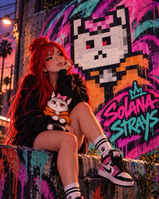 A red-haired anime-style girl sits holding a small white cat with a pink bow, posed in front of vibrant graffiti reading 'SOLANA STRAYS' with a pixelated character and crown.