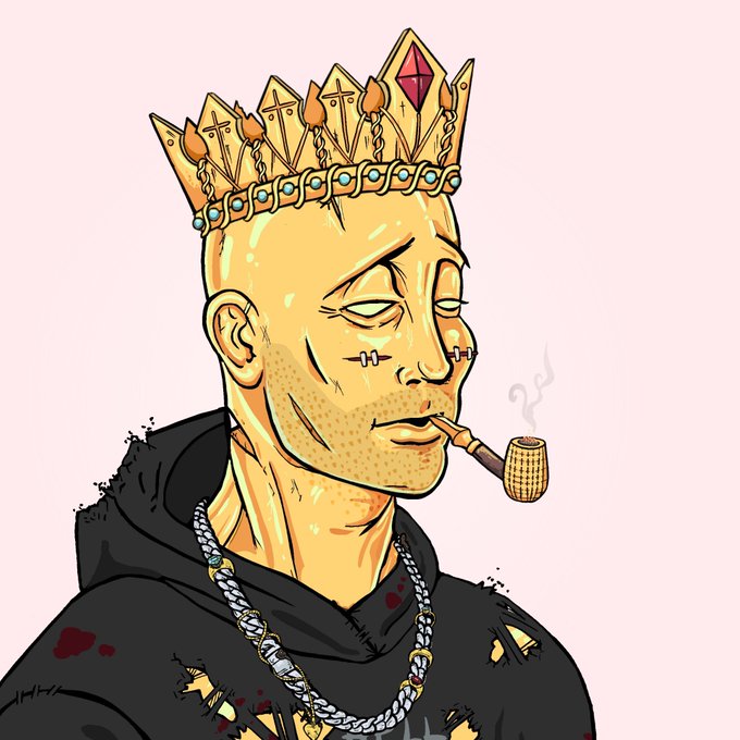 A crowned figure with closed eyes smokes a corn cob pipe while wearing a black hoodie and gold chain, evoking the relaxed, nonchalant "you had to be there" energy the post mocks—visually embodying the smug confidence of DeGods NFT holders who believe their art is the best on-chain.