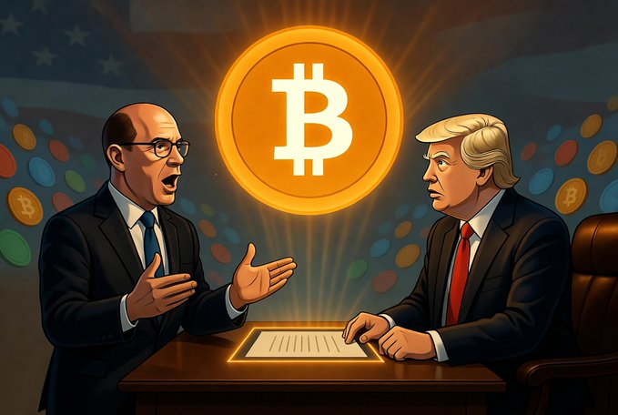 A cartoon-style illustration depicting two men in suits debating across a desk with a glowing Bitcoin coin between them, set against an American flag and falling crypto coins.