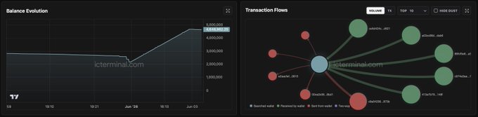 The image features a screen with two separate graphs, both displaying the same graph but with different labels. One of them represents balance information for five years starting from January 1st, 2000, and going up to May 1st, 2002. The other shows a chart specifically about five wallets that were minted directly by the minting protocol, dated from May 6th, 2001 until June 2nd, 2002. Both graphs have data labels indicating amounts of money involved in each wallet's funding process. The screens are side-by-side and aligned vertically to provide a clear view of both sets of information at once.