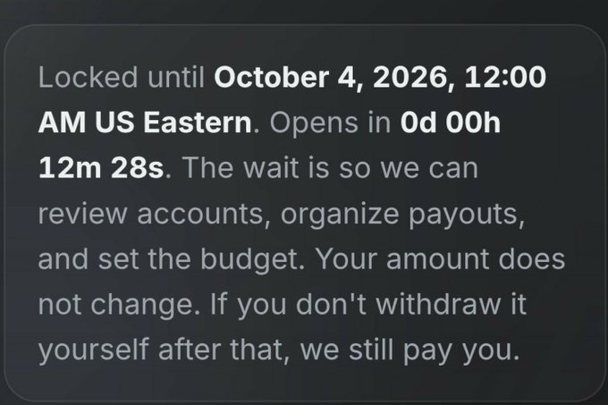 A countdown notification reading 'Locked until October 4, 2026, 12:00 AM US Eastern. Opens in 0d 00h 12m 28s,' explaining the wait is to review accounts, organize payouts, and set the budget, with the amount unchanged.
