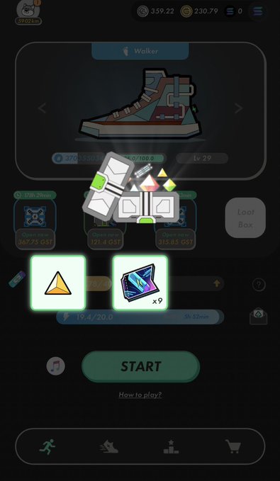 A screenshot of a mobile shoe-collecting game showing a white sneaker design with various upgrade icons and a "START" button, with a "Walker" level indicator at the top.