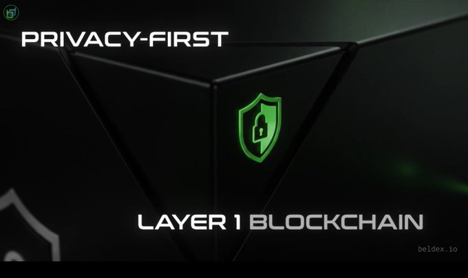 The image displays a sleek, dark-themed promotional graphic with the text "PRIVACY-FIRST" at the top and "LAYER 1 BLOCKCHAIN" at the bottom, separated by a glowing green shield icon containing a padlock symbol, with "beldex.io" shown in the lower right corner. This visual reinforces the accompanying post about Beldex Name Service (BNS) by highlighting Beldex's core identity as a privacy-focused Layer 1 blockchain, emphasizing the secure and user-friendly nature of replacing complex wallet addresses with simple .bdx names through the BNS Marketplace.
