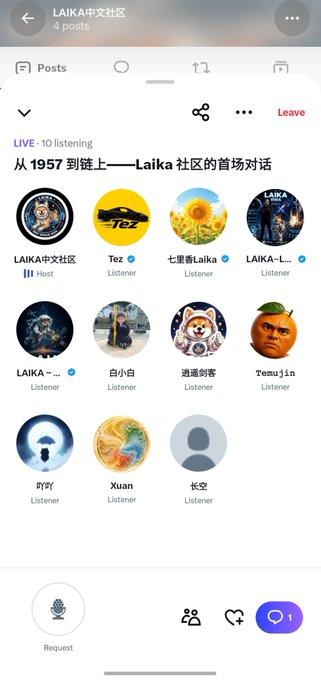 A screenshot of a live audio room in the LAIKA中文社区 (LAIKA Chinese Community), showing a host and various listeners participating in a session titled '从1957 到链上——Laika 社区的首场对话'.