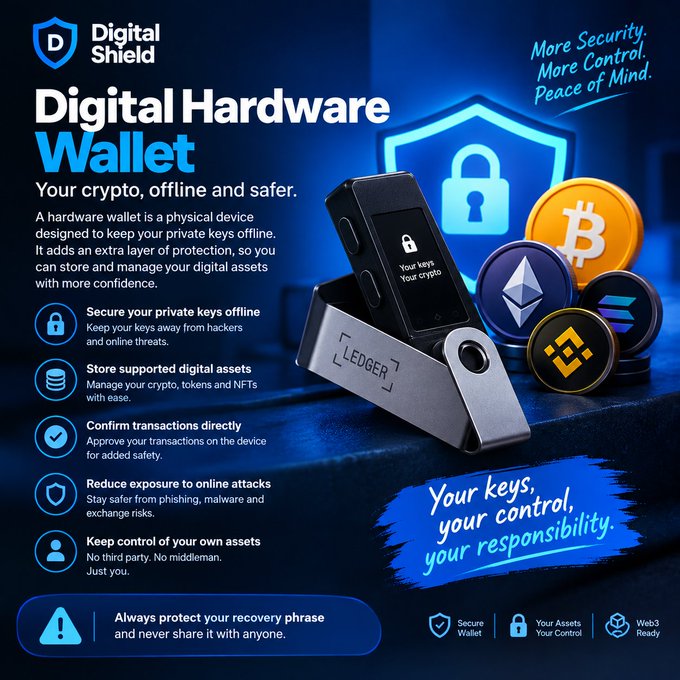 A promotional graphic for 'Digital Shield' advertising a 'Digital Hardware Wallet' (Ledger) with features like secure private keys, asset storage, and transaction confirmation, emphasizing 'Your keys, your control, your responsibility.'