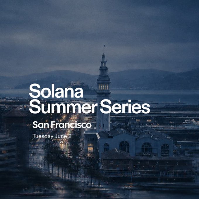 The image features a cityscape with a tall tower in the background that reads "Solana Summer Series". The text also mentions an event taking place on June 2nd, which appears to be related to the Solana Summer series. The event is described as a gathering for builders interested in agentic payments and stablecoins, along with discussions about new tech trends.