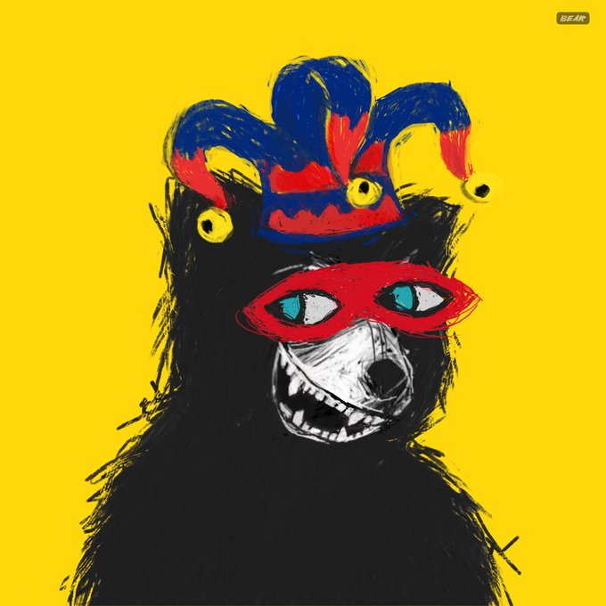 A colorful, child-like digital painting of a black bear wearing a red mask and a jester hat on a bright yellow background.