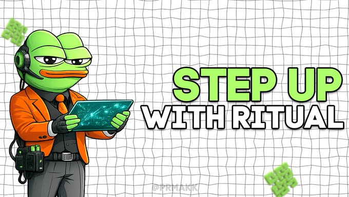 A cartoon Pepe the Frog wearing an orange suit jacket and headset, holding a tablet with the text 'STEP UP WITH RITUAL'.