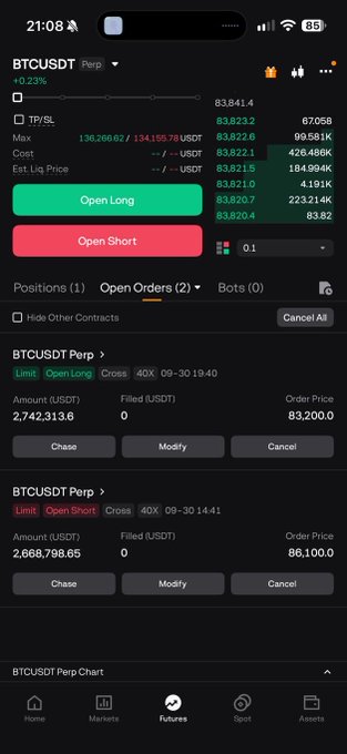 A screenshot of a cryptocurrency trading app showing the BTCUSDT Perp contract with 'Open Long' and 'Open Short' buttons, price at 83,823.2, and open limit orders.