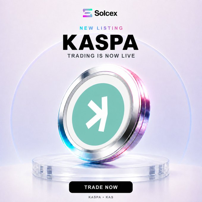 A promotional graphic for Solcex announces 'NEW LISTING KASPA TRADING IS NOW LIVE' featuring a metallic 3D rendering of the Kaspa (KAS) coin with a teal face and 'K' logo, including a 'TRADE NOW' button.