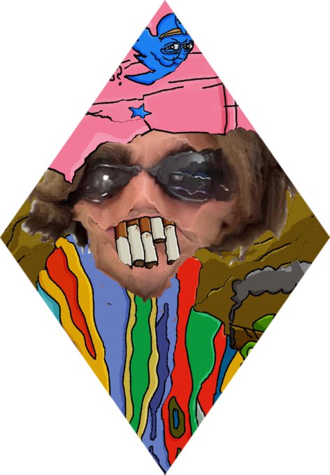 A surreal diamond-shaped digital artwork featuring a distorted face with sunglasses, a wide grin showing teeth, surrounded by vibrant dripping colors and a blue cartoon character wearing a crown at the top.