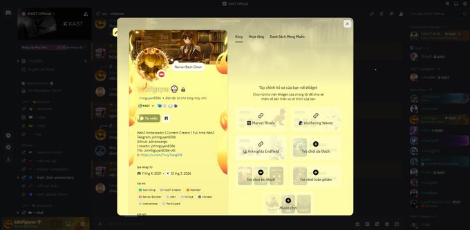 A KAST user profile page displays "Weed, s/imgcanti116 - KAST Content Creator I Full-time Web Telegram," with options including "Marvel Rivals," "Wuthering Waves," "Arknights: Endfield," and "Noble gas," alongside a banner indicating KAST Official status. The image illustrates the post's celebration of being awarded the KAST Creator role for producing high-quality content about the platform's card features and ecosystem.