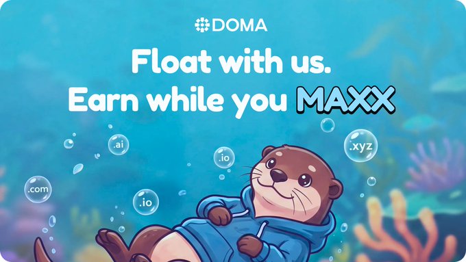 Colorful promotional banner for DOMA domain marketplace featuring an animated otter mascot with text 'Float with us. Earn while you MAXXX' and floating domain bubbles.