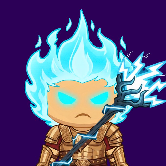 A chibi-style warrior with glowing blue flame hair and eyes wields a lightning-infused sword, embodying the "FastX Warriors" NFT collection teased in the post for a free mint on Robinhood Chain, where holding such warriors boosts points and unlarger TGE allocation.