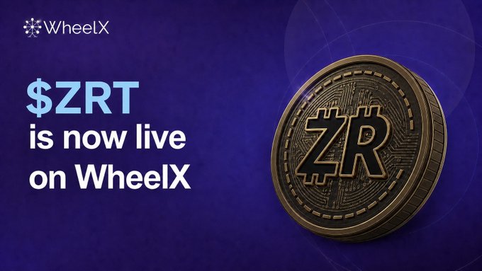 Promotional image announcing that the $ZRT token is now live on WheelX, featuring a 3D golden coin with the ZR logo against a purple background.