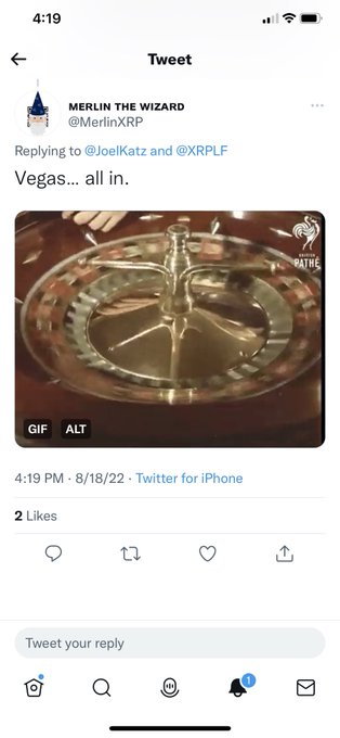 A screenshot of a tweet from @MerlinXRP reading "Vegas... all in." features a GIF of a spinning roulette wheel with a "PATRE" (Patreon) watermark, metaphorically illustrating the user's bold gamble on XRP during the August 2022 timeframe mentioned in the caption.