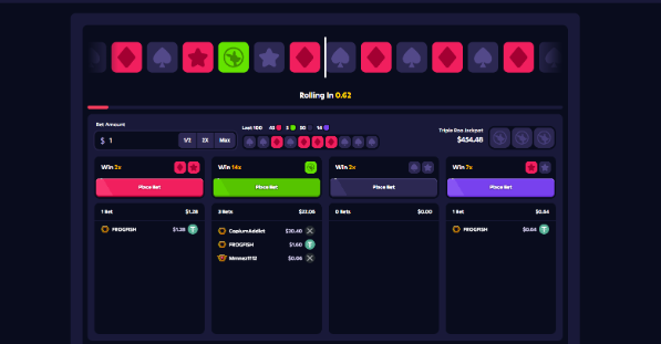 A Roobet roulette betting interface displays a countdown timer "Rolling in 0:02" with recent results shown as colored cards (spades, diamonds, stars, clovers) across the top. The screen shows betting options including Win 1x (red), Win 2x (green), Win 3x (purple), and Win 7x (violet), with $1, 3, 5, and 1 bets placed respectively by players PRISM71, CookieAddict, and others, illustrating the variety of risk/reward choices that tempted the user away from simpler coin flip.