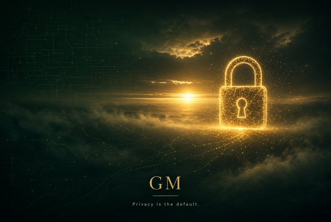 Digital artwork featuring a glowing golden padlock floating above clouds at sunset with a 'GM' message and the tagline 'Privacy is the default.'