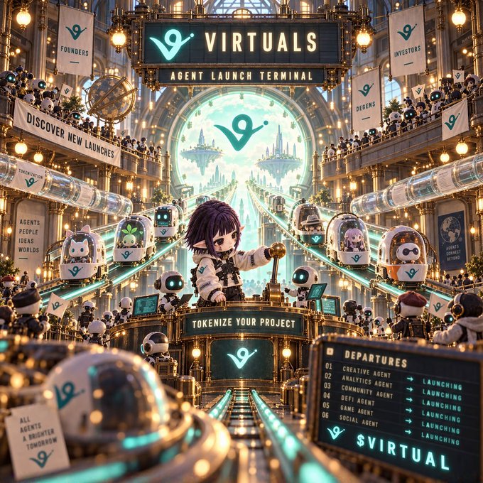 A highly detailed fantasy-style illustration of the 'VIRTUALS AGENT LAUNCH TERMINAL' featuring an anime-style elf character operating a 'TOKENIZE YOUR PROJECT' machine, surrounded by various robot agents and a departures board listing agent types.