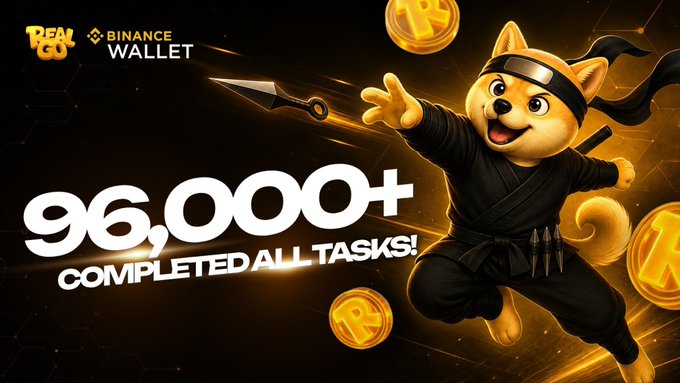 A promotional graphic featuring a Shiba Inu ninja character throwing coins, with 'Binance Wallet' and 'Real' logos, displaying the text '96,000+ COMPLETED ALL TASKS!'.
