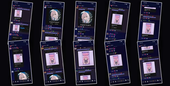 The image displays multiple phone screenshots of a chat or social media feed showing congratulatory messages, with text reading "Congrats! You got it!" alongside an anime-style avatar, serving as proof of winning related to the user @LegacyWeb3io. The dark-themed messaging interface shows repeated winners' messages celebrating their prize.