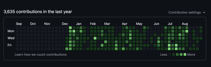 The image shows a GitHub contribution graph with 3,635 contributions in the last year, with activity densely clustered from December onward across the weekdays (Mon, Wed, Fri). This visualization reflects a surge in coding activity during the holiday period, humorously illustrating the post's claim of being "non-technical" despite having a prolific-looking GitHub history—likely from copy-pasting code or tinkering with projects rather than sustained development.