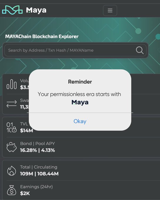 A screenshot of the 'Maya' MAYAChain Blockchain Explorer displaying stats like $14M TVL and 16.28% Bond APY, with a pop-up reminder that says 'Your permissionless era starts with Maya'.