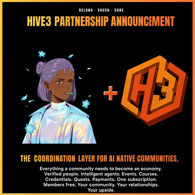 A 'HIVE3 PARTNERSHIP ANNOUNCEMENT' graphic featuring an anime-style character with purple hair on the left and an orange 'H3' cube logo on the right, with text reading 'THE COORDINATION LAYER FOR AI NATIVE COMMUNITIES.'