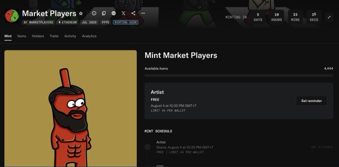 The image shows a webpage for minting "Market Players" NFT collection, with 4,444 available items scheduled to begin on August 4 at 10:30 PM GMT-7, priced at 0.1 ETH per wallet. This relates to the post by announcing the upcoming launch, which is being featured on OpenSea's main page with only 4 hours remaining before minting begins.