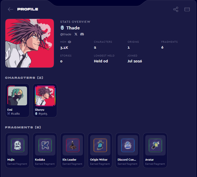 A profile screen for user 'Thade' (@thade) showing a MEM count of 3.1K, 2 characters, 1 origin, 6 fragments (Mujin, Kodaka, IDs Leader, Origin Writer, Discord Con..., Avatar), and a join date of Jul 2026.
