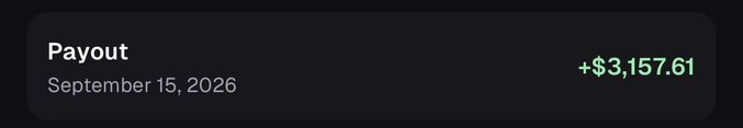 The image shows a dark-themed payout notification displaying "+$3,157.61" in green text, dated "September 15, 2026," for a "Payout." This supports the post's claim of a successful juicer callout yielding significant profits, with the payout serving as proof of the earnings mentioned.