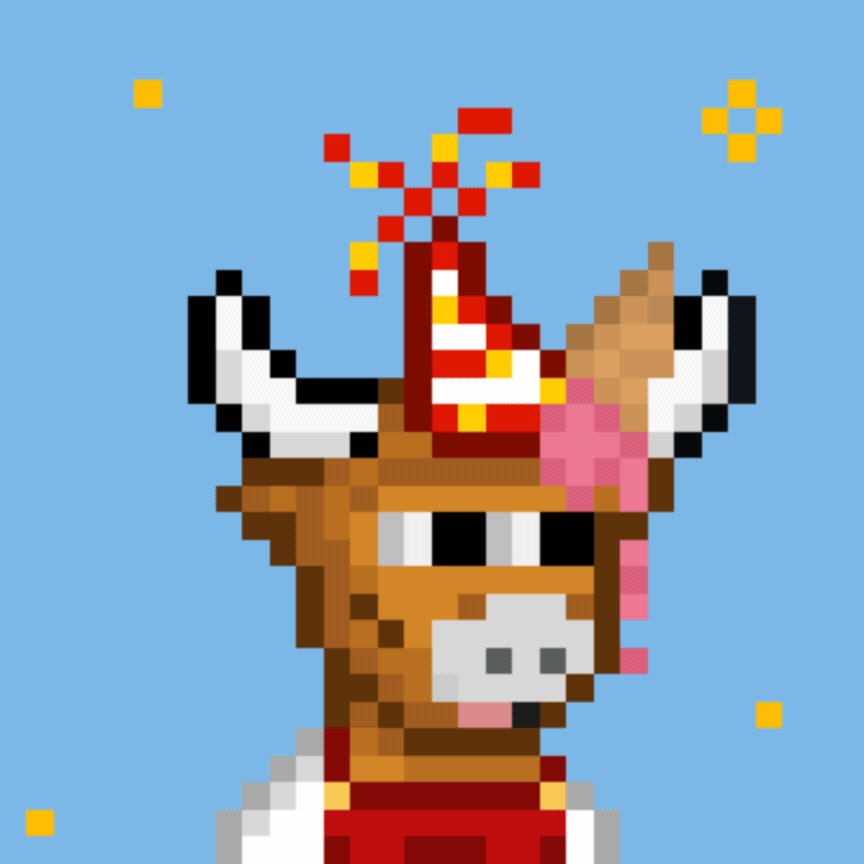 The image features a cartoon cow wearing a party hat with a pink flower on top of its head. The cow appears to be standing against a blue sky filled with stars, giving the impression that they are at an outdoor event or celebration. In the background, there is text that reads "GIVEAWAY For a chance to get a FREE Bully after mint! Like, RT and drop your wallet, we will pick 3 winners." This suggests that the cow might be participating in a game or contest where it needs to collect three virtual items (possibly tickets) by completing certain tasks.