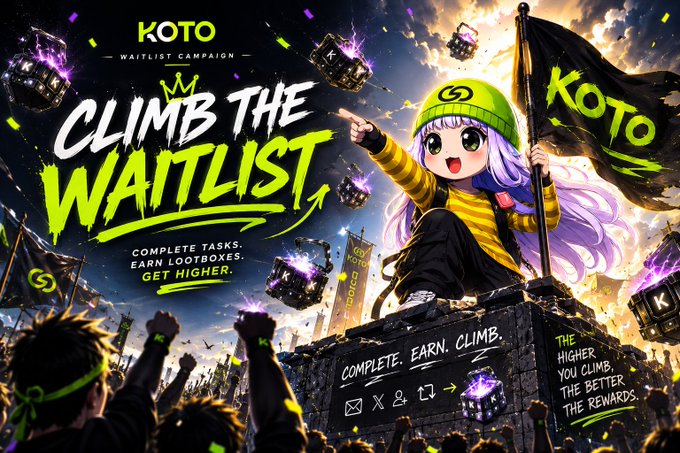 Anime-style promotional graphic for KOTO waitlist campaign featuring a character in yellow and green holding a flag, with text 'CLIMB THE WAITLIST' and 'COMPLETE TASKS. EARN LOOTBOXES. GET HIGHER.'