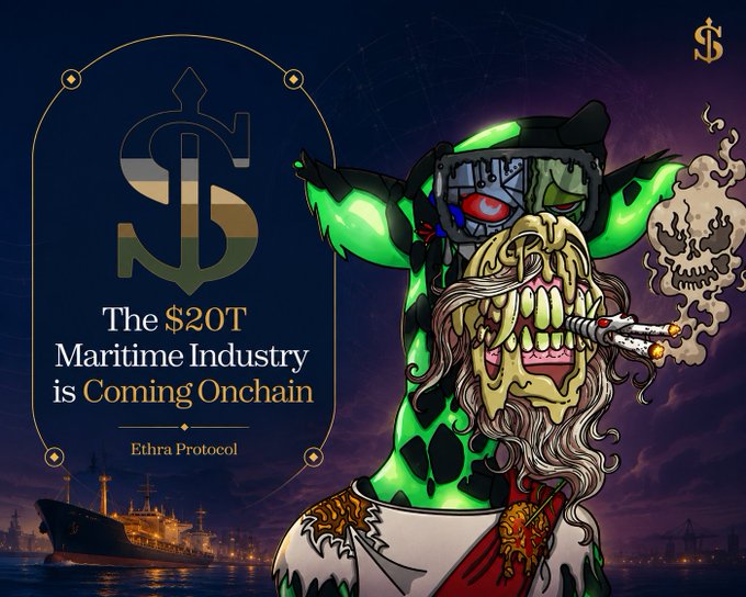 A promotional banner reading 'The $20T Maritime Industry is Coming Onchain' by Edhra Protocol, featuring a pirate-themed illustration with a skull-faced character smoking a cigar, goggles, and a ship in the background.