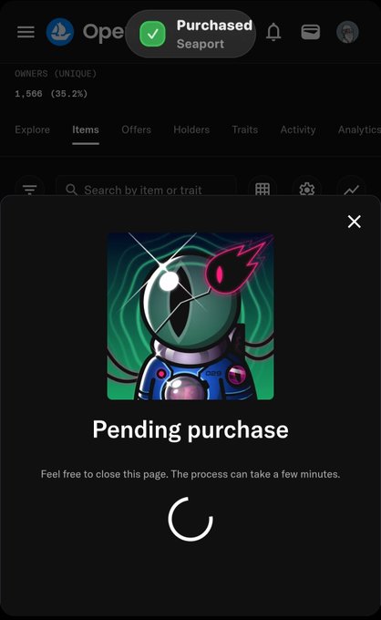A mobile app screenshot showing an OpenSea NFT purchase confirmation with a 'Pending purchase' status and a loading spinner beneath an alien astronaut NFT artwork.