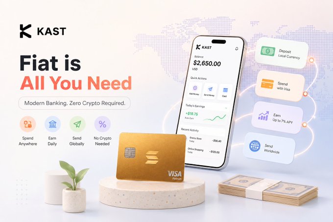 A promotional advertisement for the KAST app with the tagline "Fiat is All You Need - Modern Banking, Zero Crypto Required," showing a gold Visa Platinum debit card, a smartphone displaying a $2,650.00 balance, and features like Spend Anywhere, Earn Daily, Send Globally, and Earn Up to 7% APY.