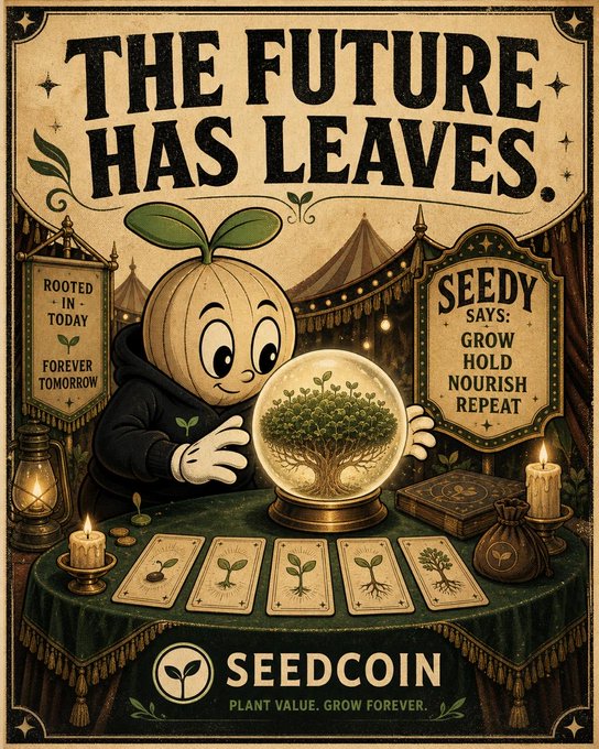 A vintage-style poster for 'SEEDCOIN' features a cartoon plant-like character looking into a crystal ball showing a tree, with the text 'THE FUTURE HAS LEAVES' and 'SEEDY SAYS: GROW HOLD NOURISH REPEAT'.