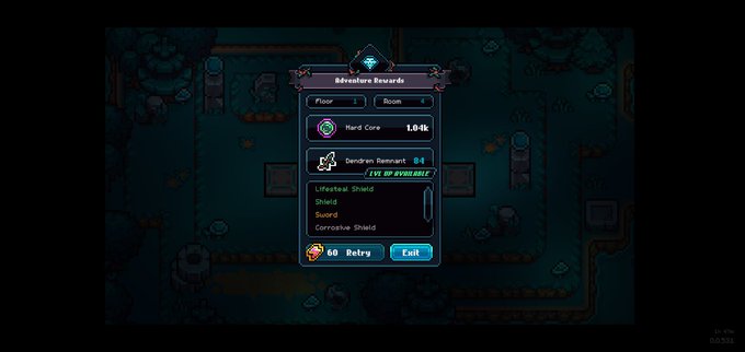 A video game screenshot showing a dungeon crawler interface with an 'Adventure Rewards' menu displaying items like 'Hard Core,' 'Demolish Remnant,' 'Lifesteal Shield,' 'Shield,' 'Sword,' and 'Corrosive Shield' for Floor 1 with a '60 Retry' button.