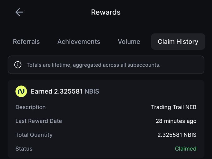 A 'Rewards' screen showing a 'Claim History' tab with an earned reward of 2.325581 NBIS from 'Trading Trail NEB', marked as Claimed.