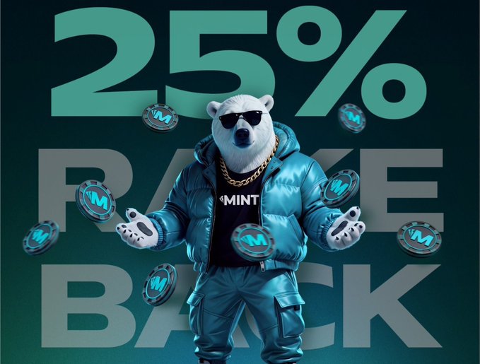A promotional graphic announcing a "25% RAKE BACK," featuring an anthropomorphic polar bear wearing sunglasses, a gold chain, and a shiny blue puffer jacket, surrounded by floating "MINT" chips.