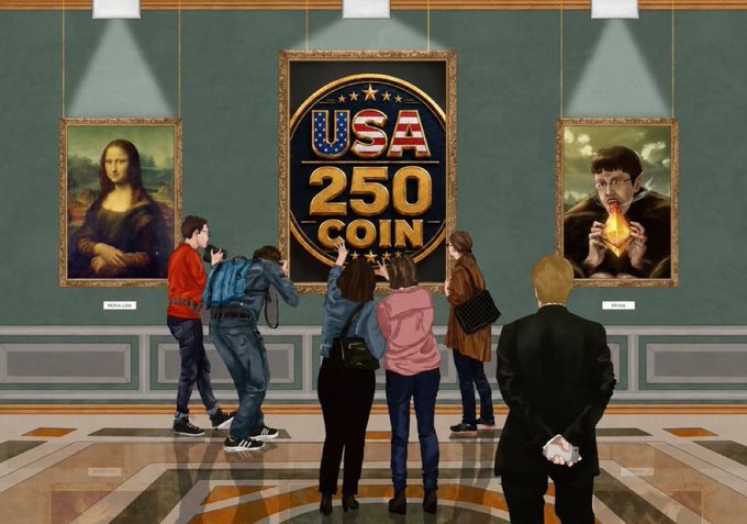 An illustration of a museum gallery where visitors view three framed pieces: the Mona Lisa, a 'USA 250 COIN' emblem in the center, and a painting of a man holding a glowing object resembling Lord of the Rings' Frodo.