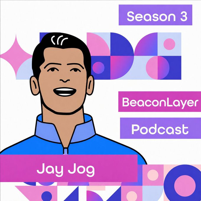 The image is a stylized illustrated portrait of Jay Jog for "BeaconLayer Podcast Season 3," featuring geometric shapes in pink, purple, and blue tones. It visually introduces this episode featuring Jayendra Jog, founder of Sei Network, whose podcast appearance covers his journey from Robinhood to building Sei Network.