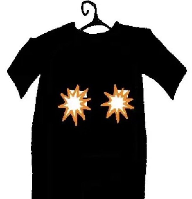 A black t-shirt on a hanger featuring two orange starburst/explosion graphics on the chest area.